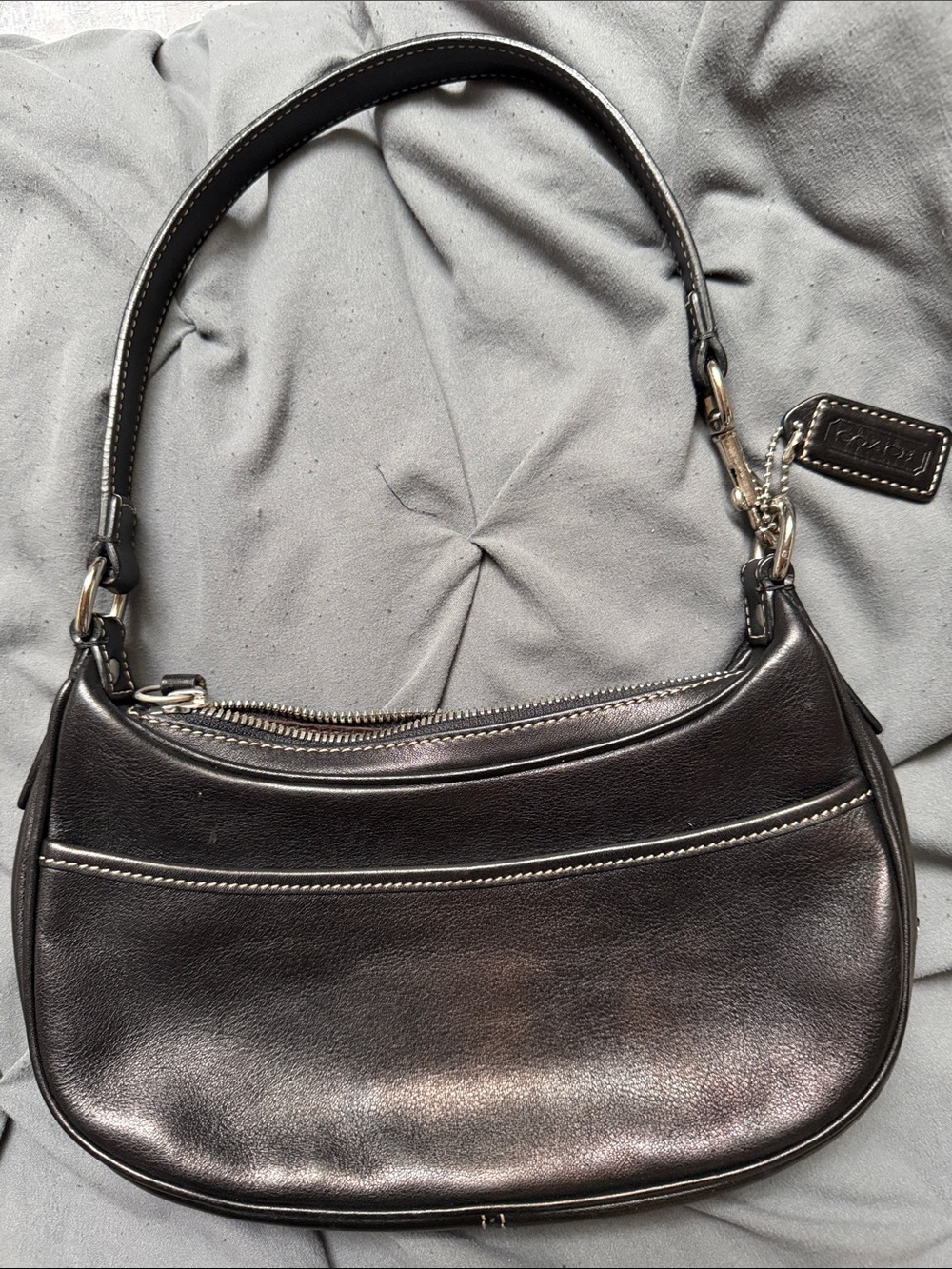 Coach Metallic Black Leather Shoulder Bag with Silver Hardware